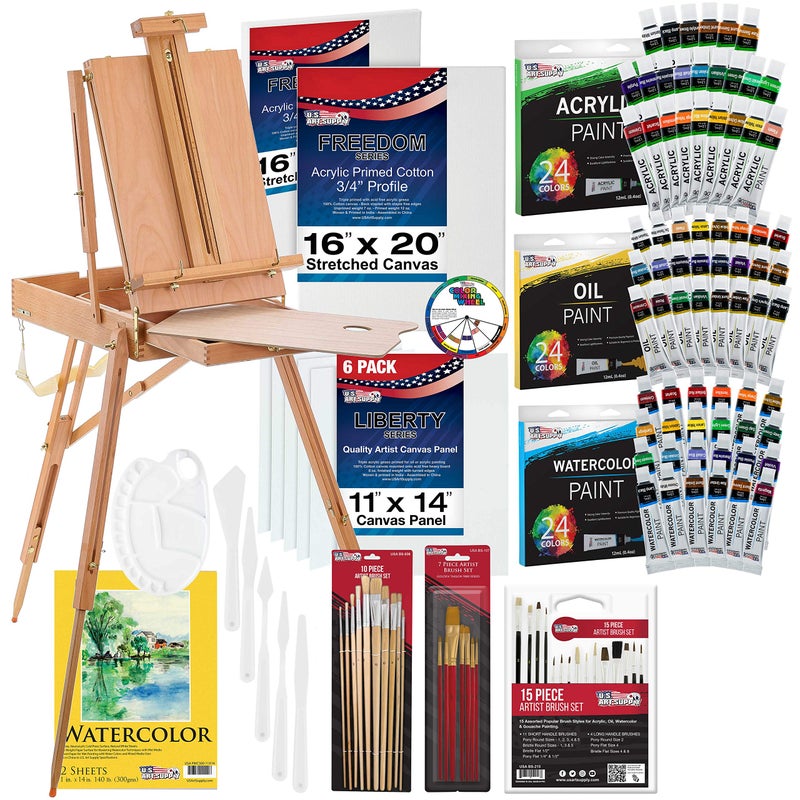 US ART SUPPLY 121Piece Custom Artist Painting Kit with Coronado Sonoma Easel 24Tubes Acrylic Colors 24Tubes Oil Painting Colors 24tubes Watercolor Painting Colors 2each 16x20 Artist Quality Stretched Canvases 6each 11x14 Canvas Panels 11x14 Watercolor Paper Pad 10Natural Hair Bristle Paint Brushes 7Nylon Hair Paint Brushes 15Multipurpose Paint Brushes Trowel 5 Pallete Knives 17Well Paint Mixing Pallete