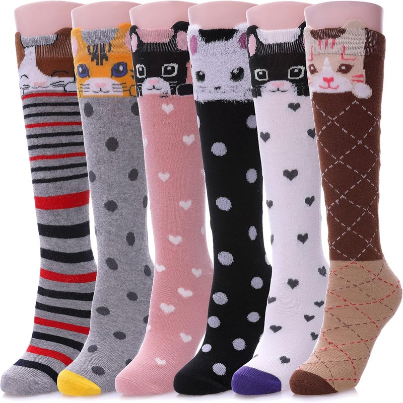 LINEMIN 3-12 Years Girls Knee High Socks Kids Cartoon Animal Warm Cotton Long Tall Boot Socks 6 Pairs - Image 1