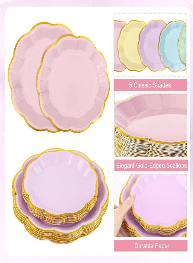 Kochorie 100 Pcs Pastel Paper Plates and Napkins Gold Foil Scalloped Paper Plates & Napkins Disposable Tableware Set for Birthday Wedding Baby Shower Party Decorations - Image 3