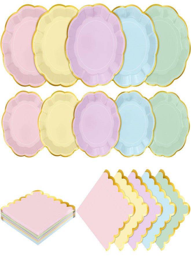 Kochorie 100 Pcs Pastel Paper Plates and Napkins Gold Foil Scalloped Paper Plates & Napkins Disposable Tableware Set for Birthday Wedding Baby Shower Party Decorations - Image 1