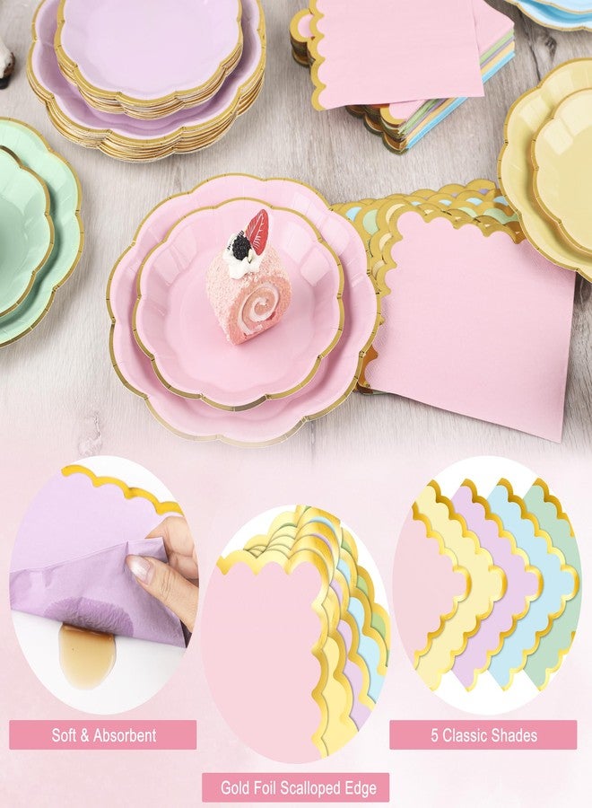 Kochorie 100 Pcs Pastel Paper Plates and Napkins Gold Foil Scalloped Paper Plates & Napkins Disposable Tableware Set for Birthday Wedding Baby Shower Party Decorations - Image 4