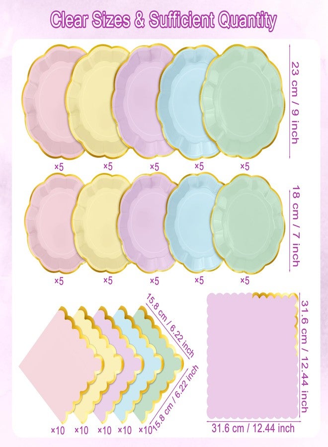 Kochorie 100 Pcs Pastel Paper Plates and Napkins Gold Foil Scalloped Paper Plates & Napkins Disposable Tableware Set for Birthday Wedding Baby Shower Party Decorations - Image 2
