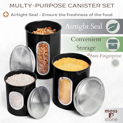 Moss & Stone 3-Piece Black Canisters Sets For The Kitchen, Airtight Canister Set With See Through Window, Storage Jars for Coffee Container, Tea Organizer & Sugar Canister, Black Kitchen Canisters - Image 3
