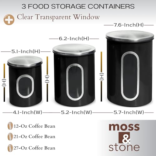 Moss & Stone 3-Piece Black Canisters Sets For The Kitchen, Airtight Canister Set With See Through Window, Storage Jars for Coffee Container, Tea Organizer & Sugar Canister, Black Kitchen Canisters - Image 2