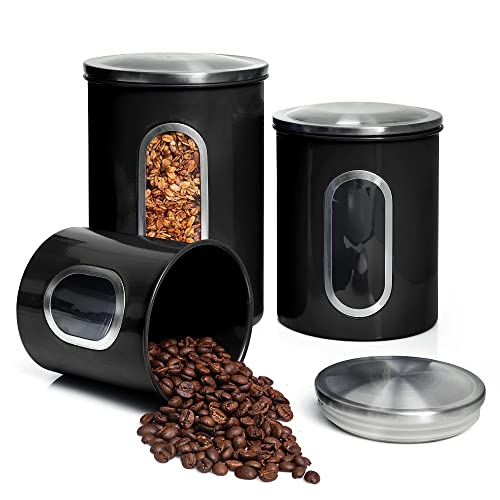 Moss & Stone 3-Piece Black Canisters Sets For The Kitchen, Airtight Canister Set With See Through Window, Storage Jars for Coffee Container, Tea Organizer & Sugar Canister, Black Kitchen Canisters - Image 1