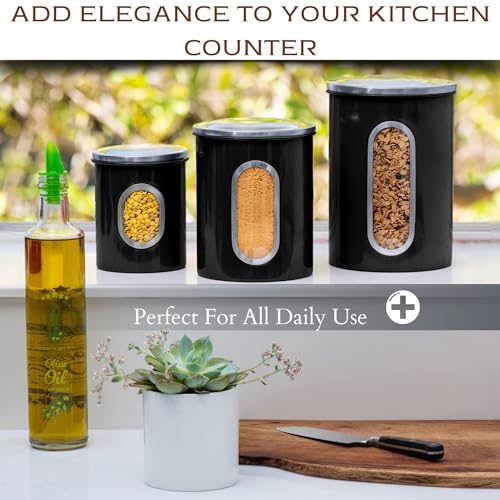 Moss & Stone 3-Piece Black Canisters Sets For The Kitchen, Airtight Canister Set With See Through Window, Storage Jars for Coffee Container, Tea Organizer & Sugar Canister, Black Kitchen Canisters - Image 5