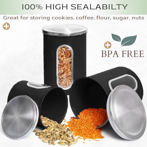 Moss & Stone 3-Piece Black Canisters Sets For The Kitchen, Airtight Canister Set With See Through Window, Storage Jars for Coffee Container, Tea Organizer & Sugar Canister, Black Kitchen Canisters - Image 4