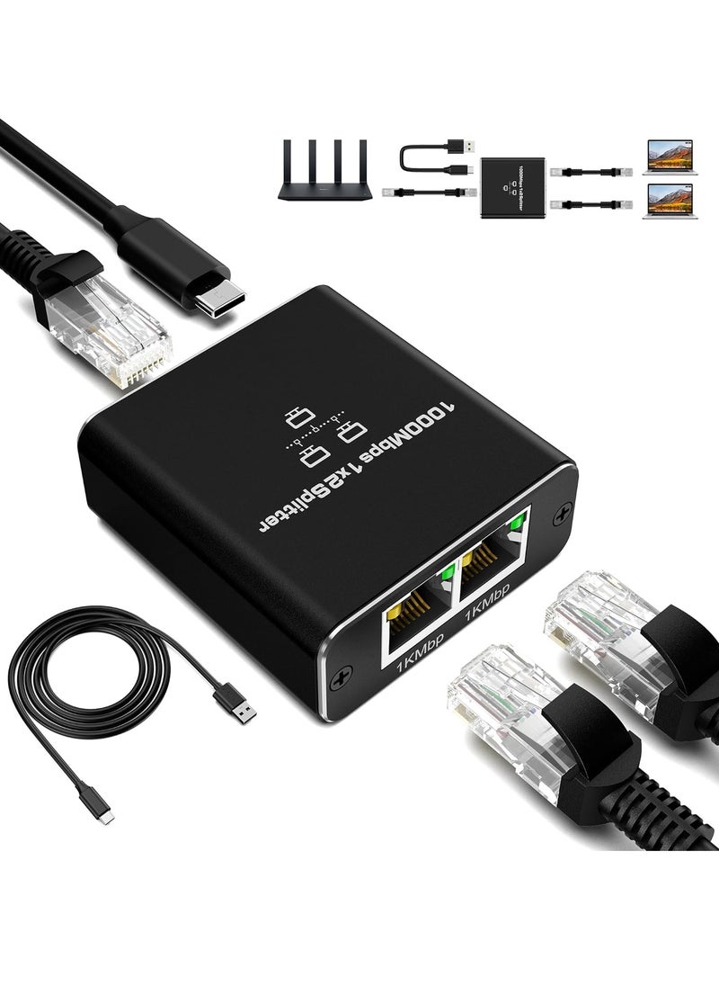 ماركة غير محددة مقسم LAN بسرعة 1000 ميجابت ، موزع إنترنت 1 إلى 2، سويتش شبكة RJ45 بمنفذين مع كابل طاقة Type-C لأجهزة الكمبيوتر والراوتر  - Image 1