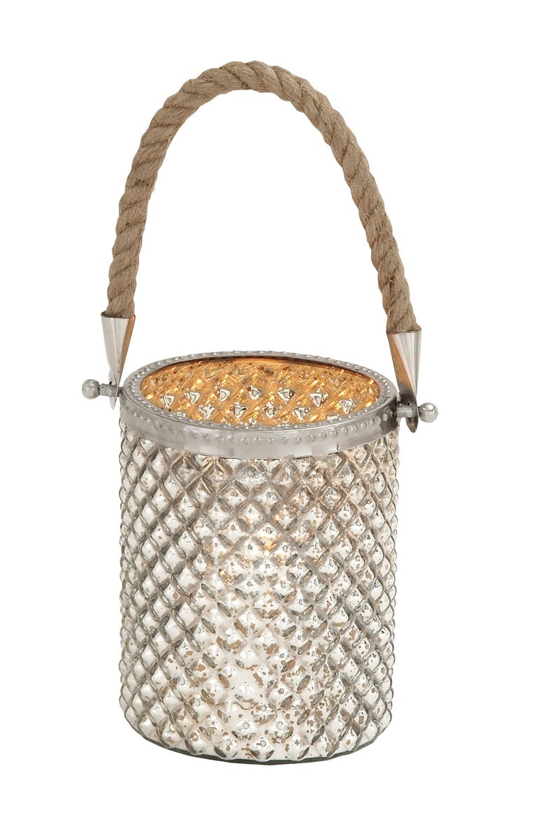 Deco 79 Glass Handmade Indoor Outdoor Candle Lantern Decorative Lantern Candle Holder with Rope Handle Lantern 5 x 5 x 13 Silver