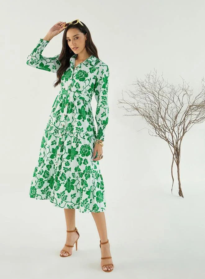 SASSAFRAS White and Green Floral Front-Button Midi Dress