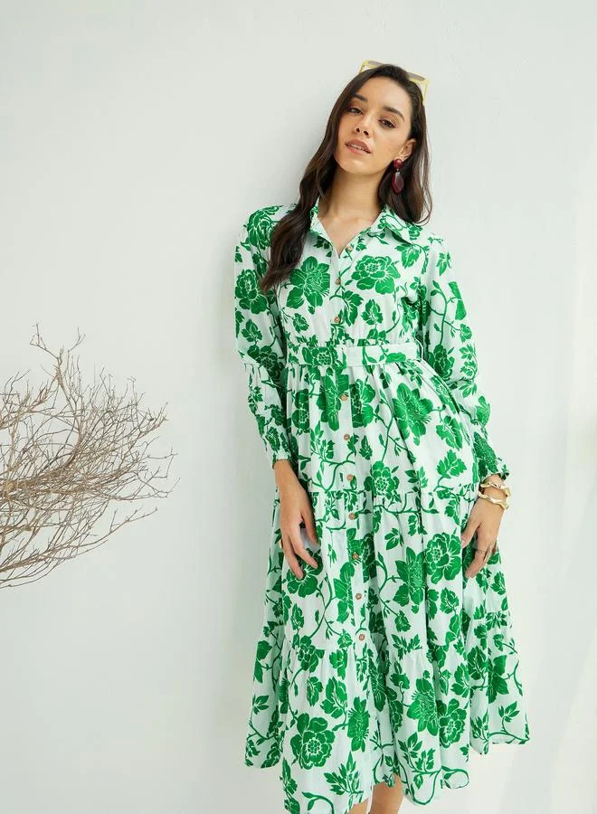 SASSAFRAS White and Green Floral Front-Button Midi Dress