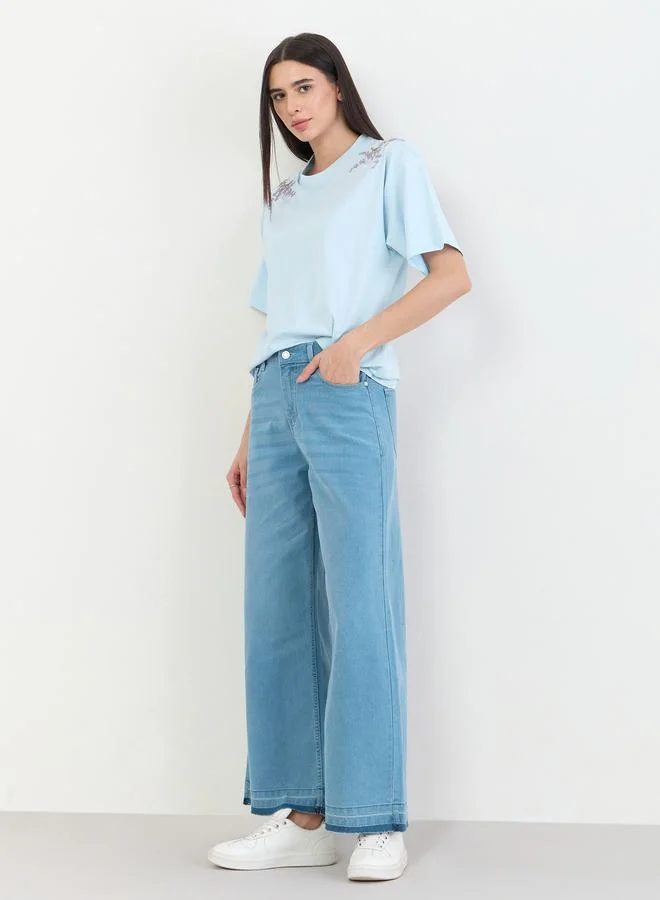 Styli Blue Oversized Shoulder Embroidered 100% Cotton T-Shirt