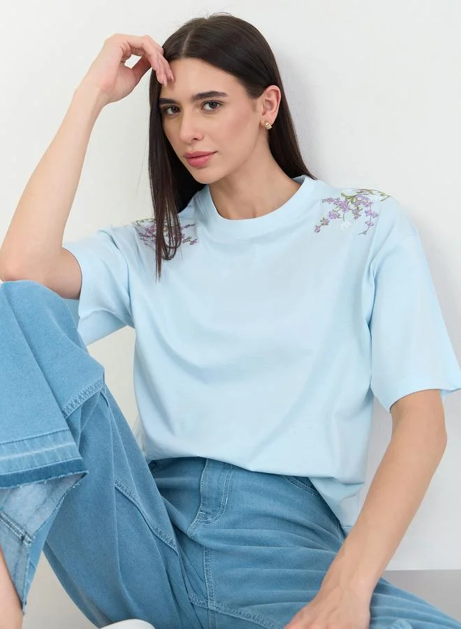 Styli Blue Oversized Shoulder Embroidered 100% Cotton T-Shirt