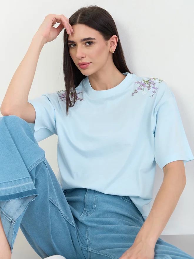 Styli Blue Oversized Shoulder Embroidered 100% Cotton T-Shirt