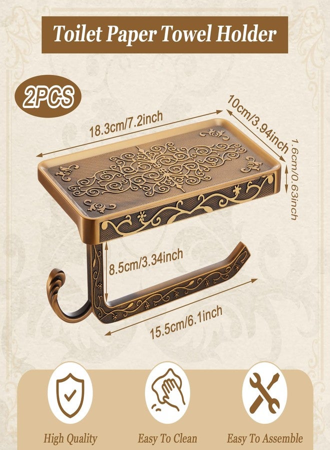 LemonRoad 2 Pack Vintage Carved Toilet Paper Holder with Shelf, Antique Wall-Mounted Tissue Roll Holder with Phone Storage Rack, Rust-Resistant Bathroom Accessories - Image 2