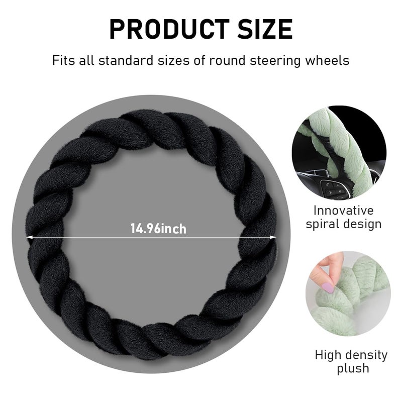 KVAEY Fluffy Car Steering Wheel Cover, 15 Inches Anti-Slip Round Fuzzy Winter Steering Wheel Protector, Soft Warm Plush Steering Wheel Cover for Women Girls, Car Accessories (Black, Round) - Image 2