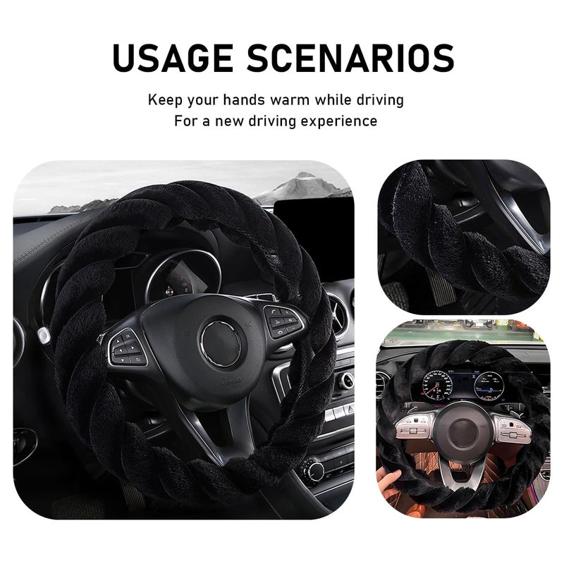 KVAEY Fluffy Car Steering Wheel Cover, 15 Inches Anti-Slip Round Fuzzy Winter Steering Wheel Protector, Soft Warm Plush Steering Wheel Cover for Women Girls, Car Accessories (Black, Round) - Image 4