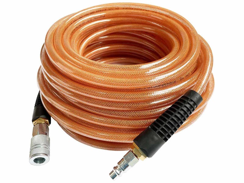 SANFU Polyurethane(PU) Reinforced 3/8”ID x 100ft Air Hose, 300PSI Wear Resistant With 3/8” Reassembled Industrial Quick Coupler and Plug, Bend Restrictor, Brown(100’) - Image 1