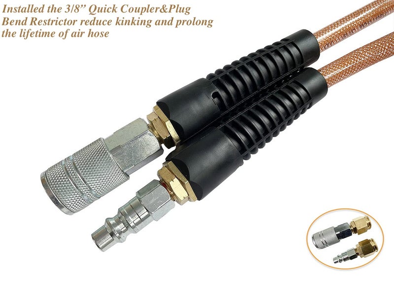 SANFU Polyurethane(PU) Reinforced 3/8”ID x 100ft Air Hose, 300PSI Wear Resistant With 3/8” Reassembled Industrial Quick Coupler and Plug, Bend Restrictor, Brown(100’) - Image 3