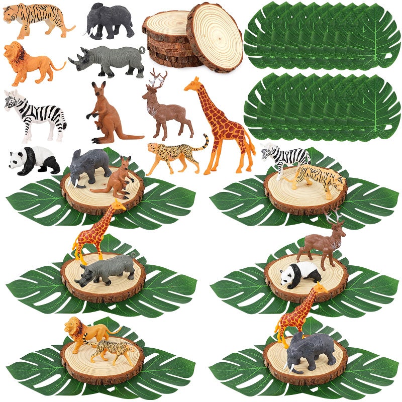 MASTRON Safari Animals Table Centerpieces - 6 Set of Jungle Animals Decorations Includes 12 Safari Zoo Animal Figures 6 Wood Slices 18 Tropical Palm Leaves for Baby Shower Birthday (Classic Animals) - Image 1