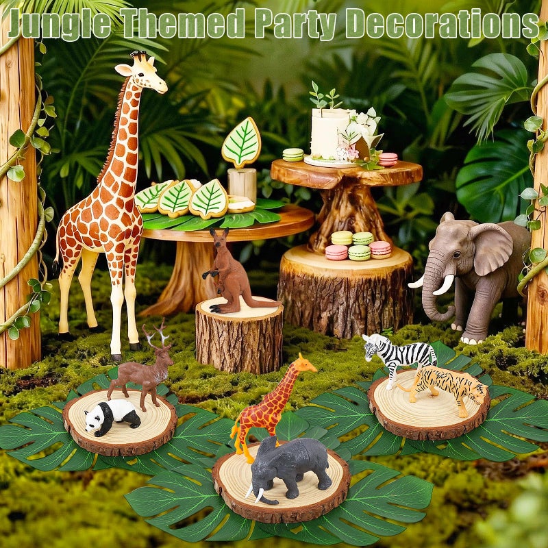 MASTRON Safari Animals Table Centerpieces - 6 Set of Jungle Animals Decorations Includes 12 Safari Zoo Animal Figures 6 Wood Slices 18 Tropical Palm Leaves for Baby Shower Birthday (Classic Animals) - Image 4