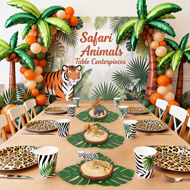MASTRON Safari Animals Table Centerpieces - 6 Set of Jungle Animals Decorations Includes 12 Safari Zoo Animal Figures 6 Wood Slices 18 Tropical Palm Leaves for Baby Shower Birthday (Classic Animals) - Image 5