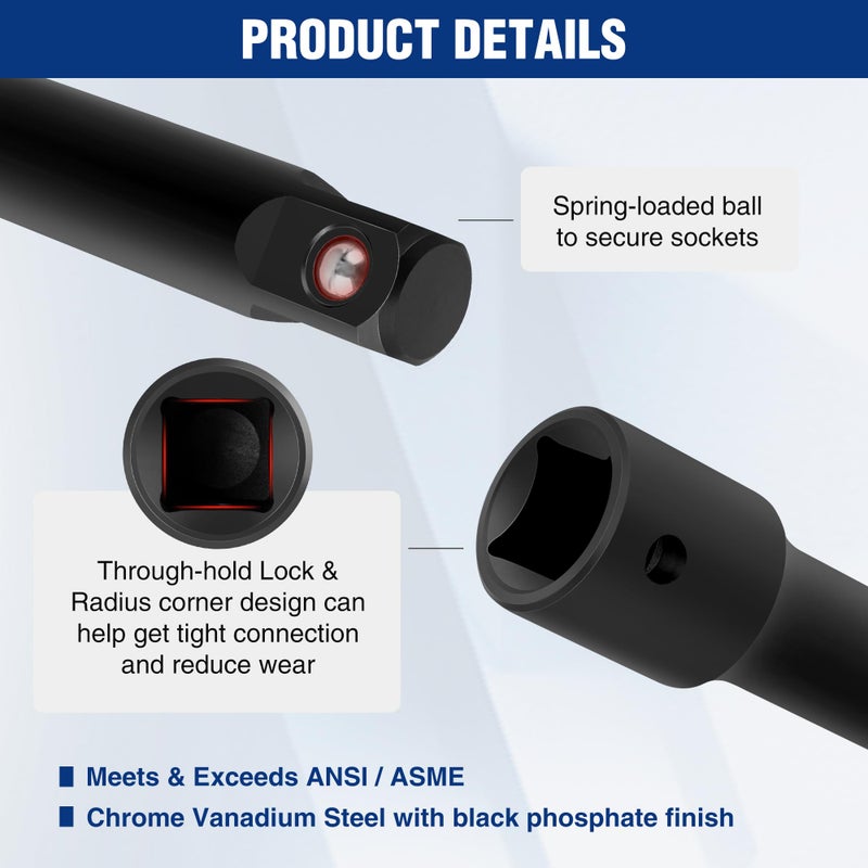 WORKPRO 1/2" Drive Impact Extension Bar Set, 3 PCS Socket Extensions, 3â€, 6â€ and 8â€ Length, Premium Chrome Vanadium Steel with Black Phosphate Finish - Image 4