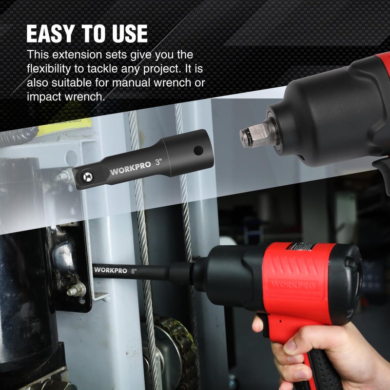 WORKPRO 1/2" Drive Impact Extension Bar Set, 3 PCS Socket Extensions, 3â€, 6â€ and 8â€ Length, Premium Chrome Vanadium Steel with Black Phosphate Finish - Image 5