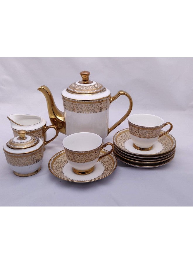 LVOOK Bone China Tea Coffee Cups, Saucers, Kettly and Sugar Pot Set of 15-180 ML, Multicolor (Uber Gold Tea Set) - Image 2