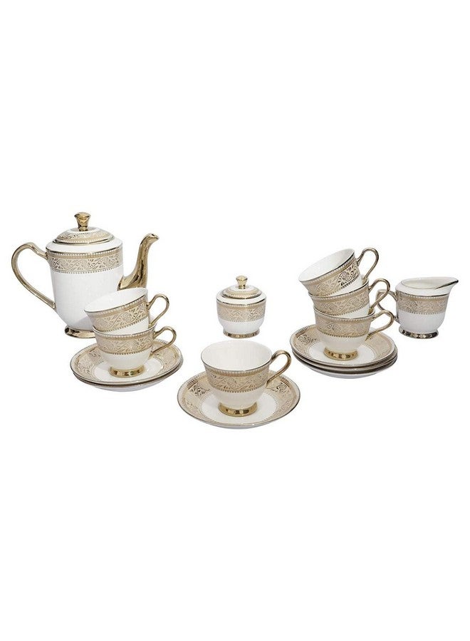 LVOOK Bone China Tea Coffee Cups, Saucers, Kettly and Sugar Pot Set of 15-180 ML, Multicolor (Uber Gold Tea Set) - Image 1