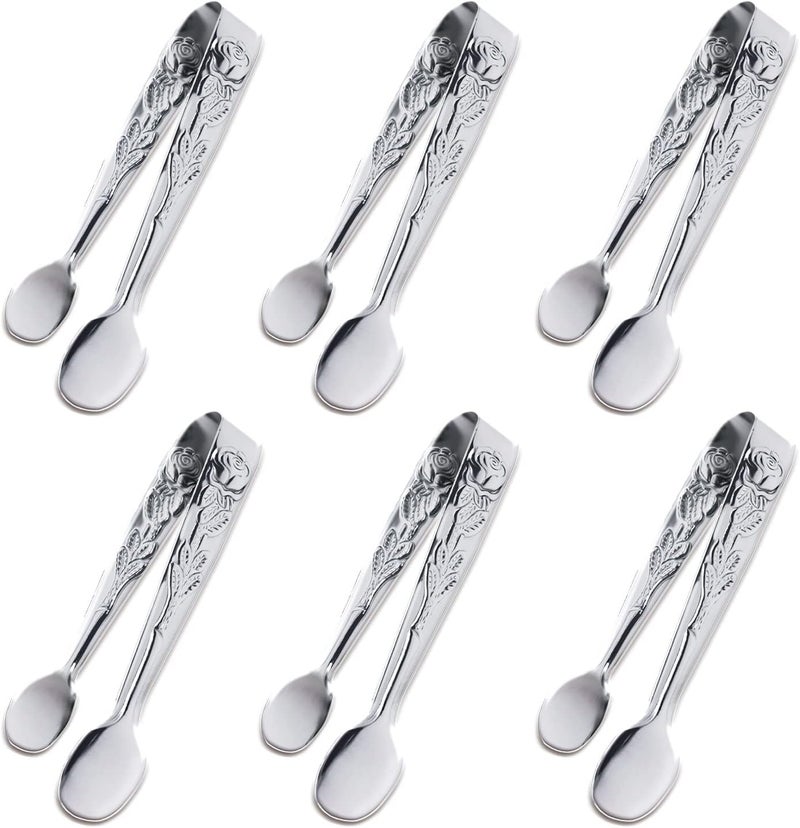 Sunenlyst 6PCS Mini Serving Tongs, 4Inch Rose Stainless Steel Sugar Cube Tongs, Sliver Small Ice Tongs for Tea and Coffee Party, Appetizers, Desserts by (6PCS Silver) - Image 1