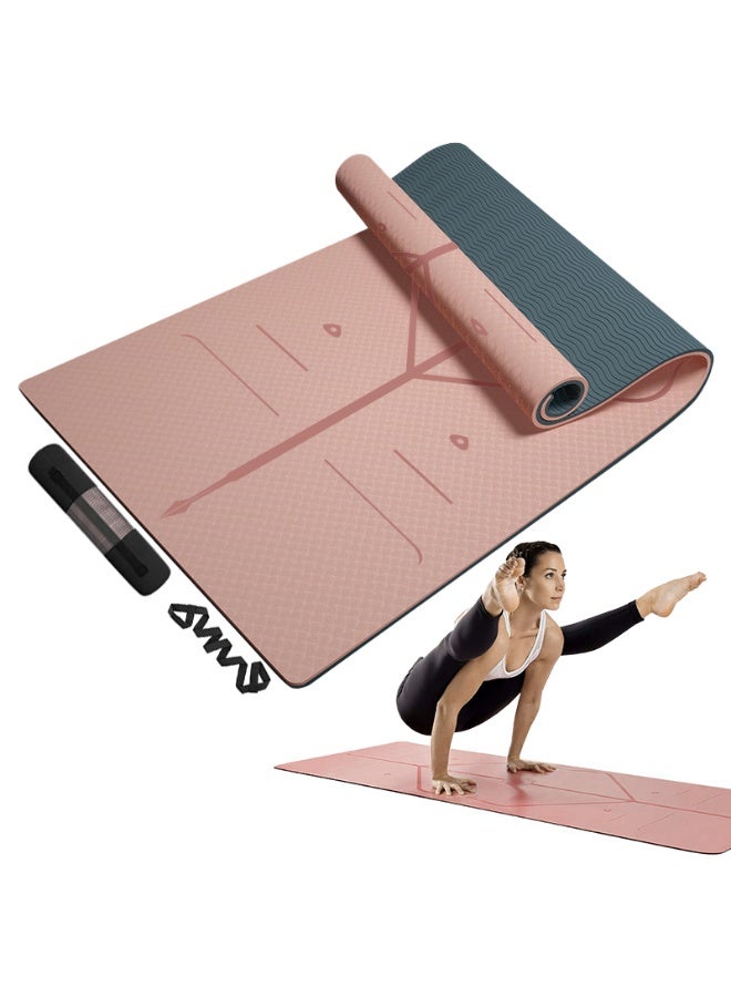كينجمازي سجادة يوجا سميكة جدًا مقاس 183x80x0.8 سم مصنوعة من مادة TPE صديقة للبيئة ثنائية اللون – مقاومة للانزلاق، مضادة للماء مع خطوط محاذاة، مناسبة أيضًا كأرضية عازلة للصوت للقفز بالحبل والرقص، تشمل حقيبة شبكية لحمل السجادة وحزام كتف قابل للتعديل (سمك 8 مم) - Image 1