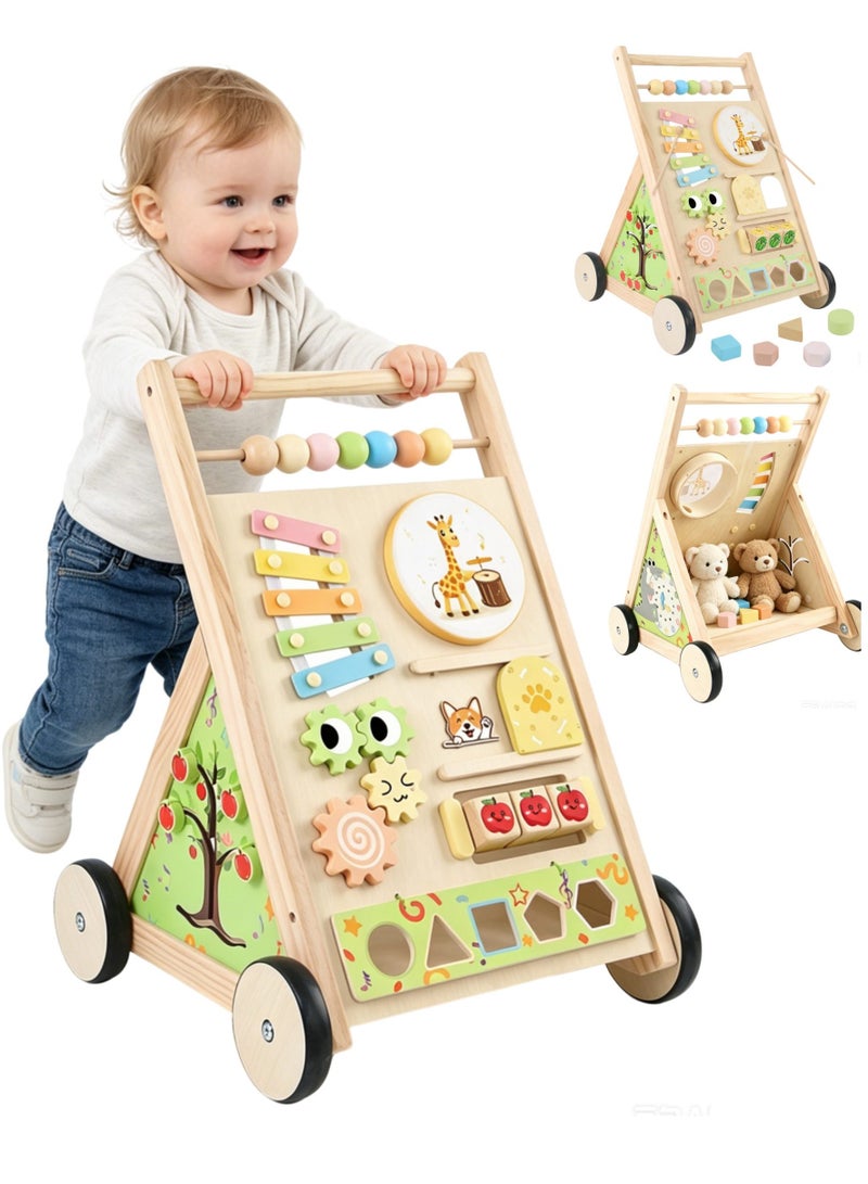 XICEN Wooden Baby Walker with Wheels, 10-in-1 Push Walker with Montessori Sensory Toys and Activity Center,  for Toddlers 6-36 Months Learn to Walk, Includes Drum, Xylophone, and Shape Sorter - Image 1