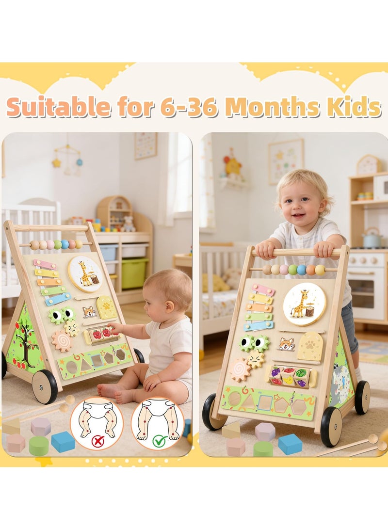 XICEN Wooden Baby Walker with Wheels, 10-in-1 Push Walker with Montessori Sensory Toys and Activity Center,  for Toddlers 6-36 Months Learn to Walk, Includes Drum, Xylophone, and Shape Sorter - Image 3
