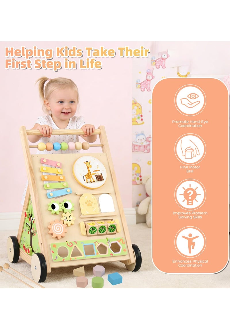 XICEN Wooden Baby Walker with Wheels, 10-in-1 Push Walker with Montessori Sensory Toys and Activity Center,  for Toddlers 6-36 Months Learn to Walk, Includes Drum, Xylophone, and Shape Sorter - Image 4