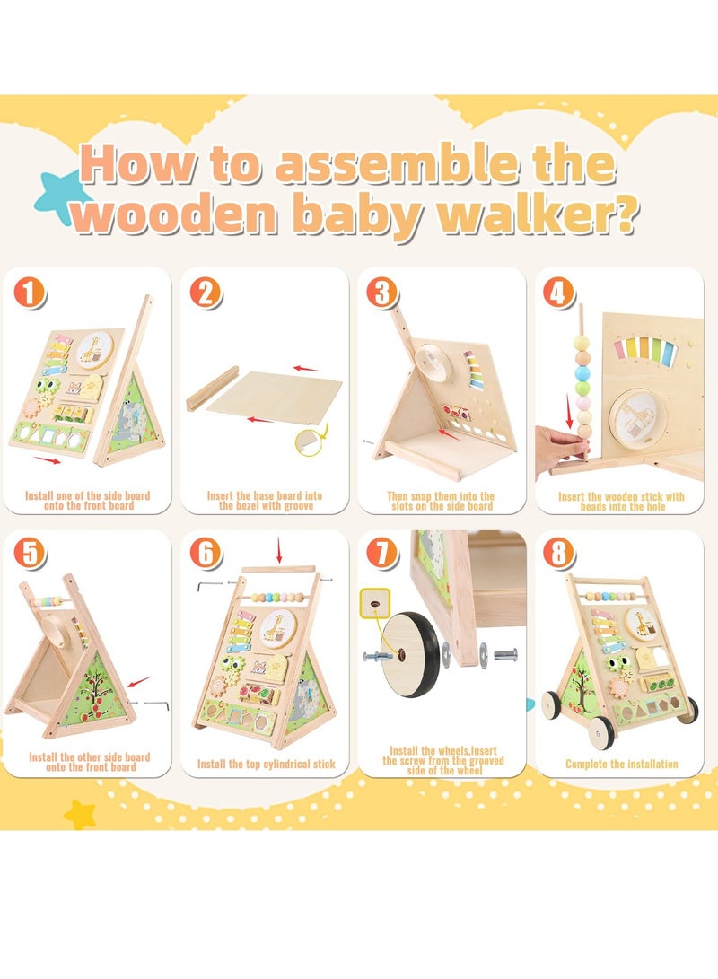 XICEN Wooden Baby Walker with Wheels, 10-in-1 Push Walker with Montessori Sensory Toys and Activity Center,  for Toddlers 6-36 Months Learn to Walk, Includes Drum, Xylophone, and Shape Sorter - Image 5