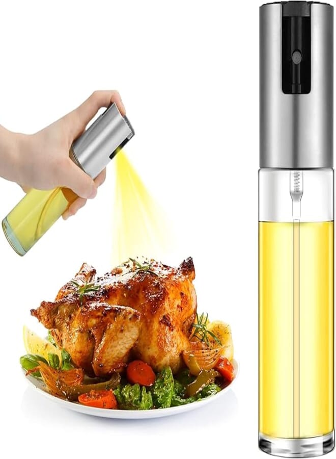 MARKQ Oil Spray Bottle 100ml Olive Oil Sprayer Dispenser for Cooking, Salad dressing, Roasting Air Fryer Kitchen BBQ Baking, Vinegar Mister, Silver (Silver) (Silver)