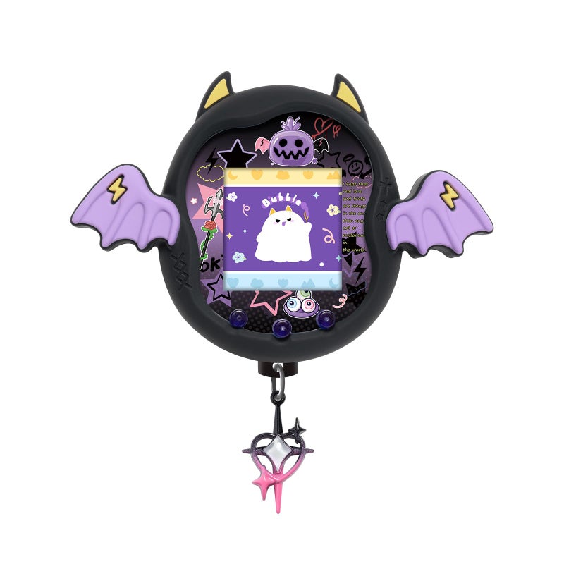 BUBBLELOGUS Devil Wing Case for Tamagotchi Uni, Silicone Cover with Holographic Laser Faceplate Sticker & Star Dust Plug, 3-in-1 Set (Black) - Image 1