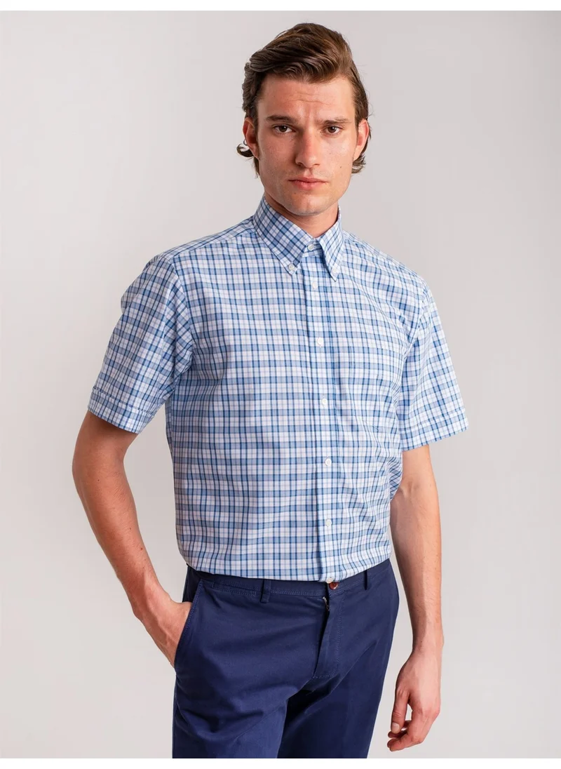 Dufy Blue Men's Regular Fit Elton Button Collar Short Sleeve Shirt