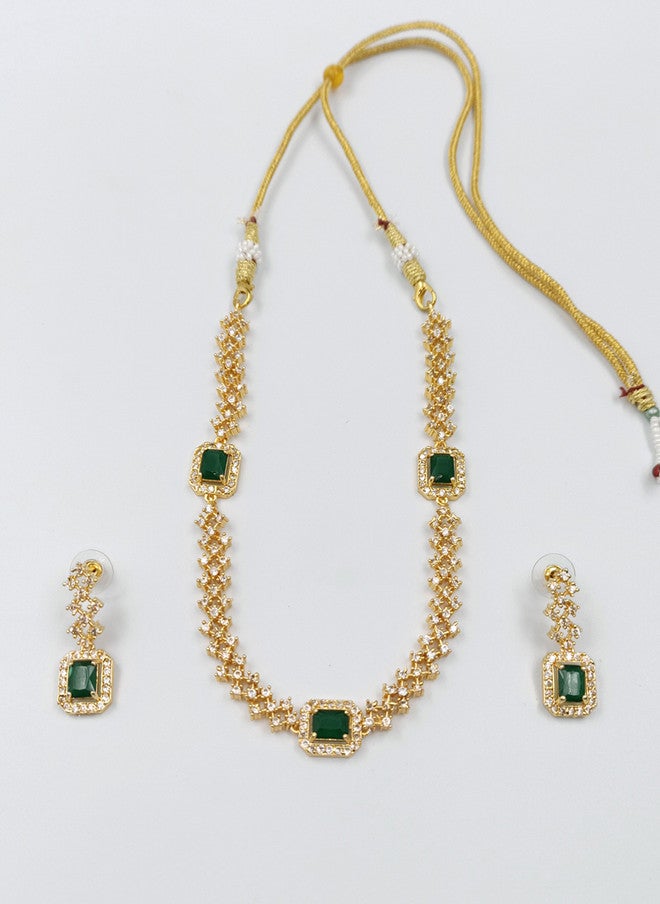 StileAdda Gold-Plated Green American Diamond Necklace and Earrings Set - Image 2