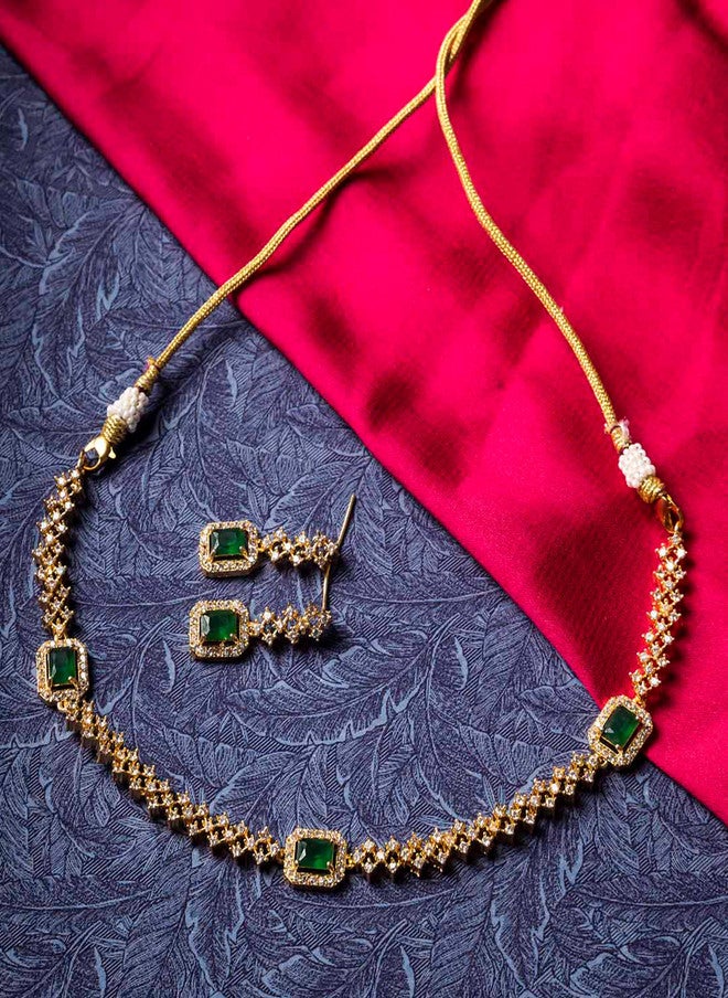StileAdda Gold-Plated Green American Diamond Necklace and Earrings Set - Image 1