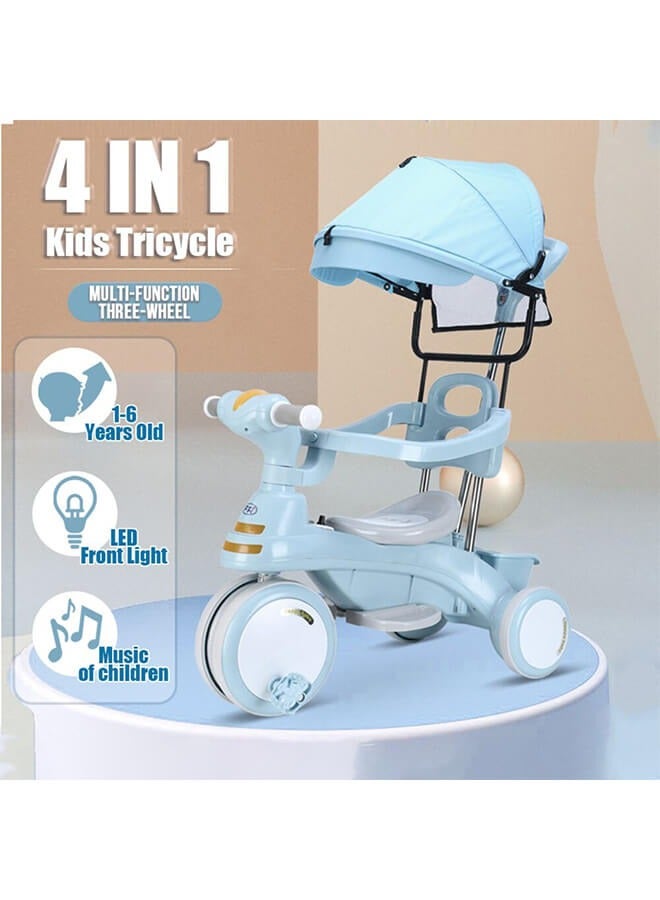 4 in 1 Kids Tricycle – Adjustable Handle & Sunshade, Safety Guard, Parental Control & Music – Perfect Ride-On Toy, Bicycle for Kids & Toddlers, Ages 1-6 (Blue)