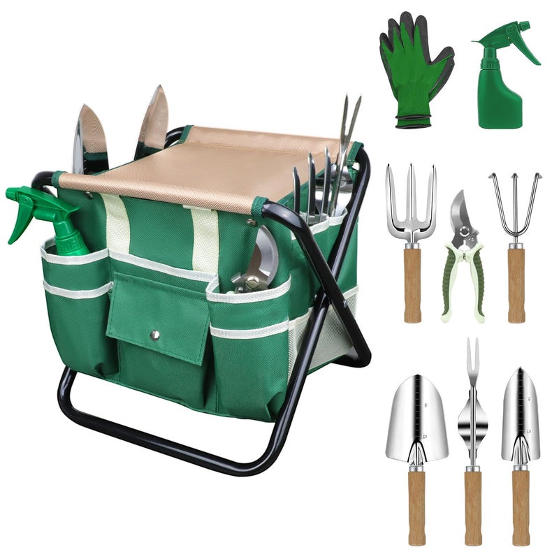 LeMotech Garden Tool Set10 Pieces Heavy Duty Gardenting Tool Kit Folding Stool with Detachable Tote Bag Thicker Stainless Steel Tools TransPlanterTrowelWeeder etc for Women Men - Image 2