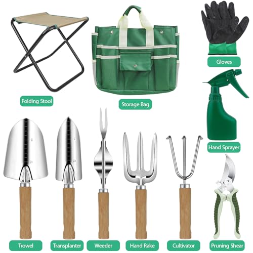 LeMotech Garden Tool Set10 Pieces Heavy Duty Gardenting Tool Kit Folding Stool with Detachable Tote Bag Thicker Stainless Steel Tools TransPlanterTrowelWeeder etc for Women Men - Image 3