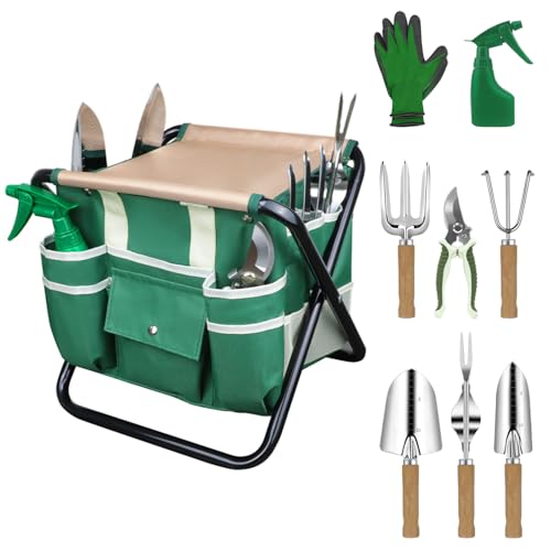 LeMotech Garden Tool Set10 Pieces Heavy Duty Gardenting Tool Kit Folding Stool with Detachable Tote Bag Thicker Stainless Steel Tools TransPlanterTrowelWeeder etc for Women Men - Image 1