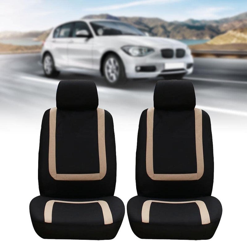4Pcs Universal Car Seat Protective Cover Set, Front Seat Covers for Auto Interior, All - Season Washable Polyester with Sponge Padding, Fits Most Vehicles (Beige+Black) - Image 2