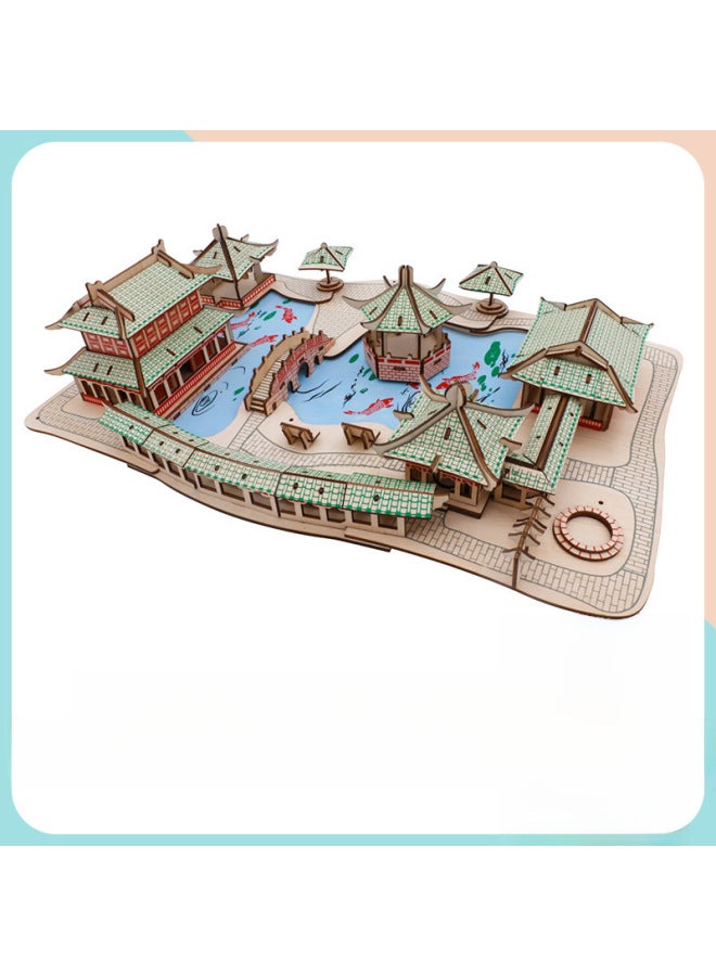 College Students Gift Wooden 3D Three-dimensional Jigsaw Puzzle Ancient Building Model DIY Educational Toys Stall Supply-Color:Suzhou Garden - Image 1