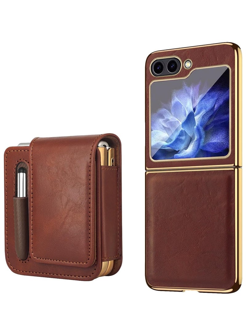 Luxury Leather Plating Fram Screen Protect Phone Case With Pen Holder Compatible with Samsung Galaxy Z Flip 5 Belt Clip Holster Clamp Strap Bag