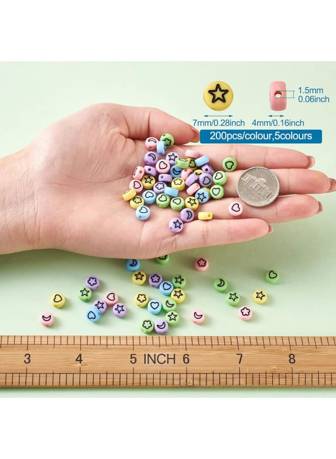 1000pcs/Set Opaque Acrylic Beads with Enamel Flat Round Disc Coin Pony Beads Loose Spacer Beads with Heart & Star & Moon & Flower for DIY Friendship Bracelets Necklace Jewelry Making - Image 3