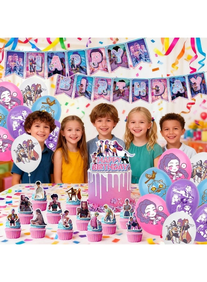 Womdee Kpop D𝘦𝘮𝘰𝘯 H𝘶𝘯𝘵𝘦𝘳𝘴 Birthday Decorations Huntrix Rumi Mira Zoey Jinu Saja Boys Cake Topper Cupcake Toppers Banner Balloons Party Decorations Supplies for Kids Fans (12 Cupcake Toppers) - Image 4